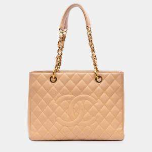 Chanel Beige Brown Caviar Grand Shopping Tote