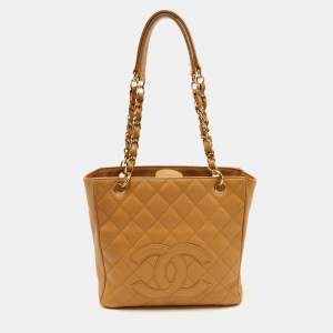 Pre Owned Chanel Beige Quilted Caviar Leather Petite Shopper Tote