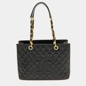 Pre Owned Chanel Black Quilted Caviar Leather Grand GST Shopper Tote