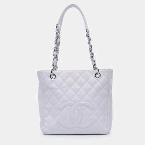 Pre Owned Chanel White Caviar Petite Shopping Tote