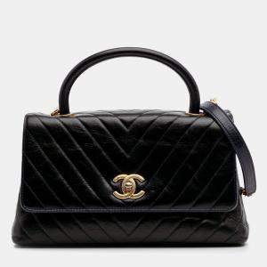 Pre Owned Chanel Black Medium Chevron Aged Calfskin Coco Top Handle Bag