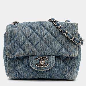 Pre Owned Chanel Blue Mini Square CC Quilted Denim Single Flap