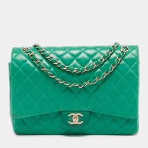 Pre Owned Chanel Green Quilted Lambskin Leather Maxi Classic Double Flap Bag