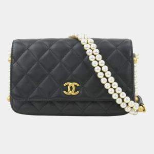 Chanel Shoulder Wallet Purse Lambskin Faux Pearl Black Gold