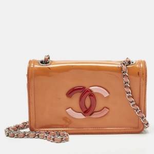Pre Owned Chanel Orange/Pink Quilted Patent and Leather Lipstick Ligne FlapBag