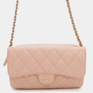 Chanel Matelasse Chain Wallet Flap Phone Case Light Pink Caviar Leather