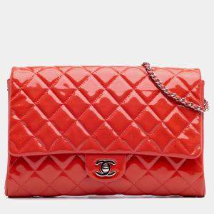 Chanel Red CC Quilted Patent Clutch with Chain