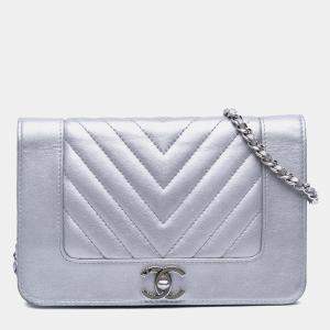 Chanel Silver Chevron Quilted Metallic Lambskin Mademoiselle Wallet On Chain