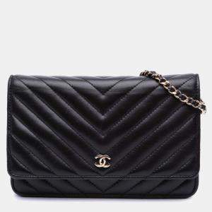 Chanel Black CC Chevron Lambskin Wallet On Chain