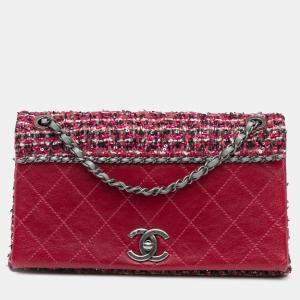 Pre Owned Chanel Red CC Lambskin and Tweed Flap Shoulder Bag