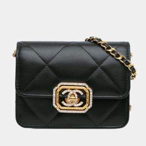 Chanel Black Quilted Calfskin Strass Card Holder On Chain