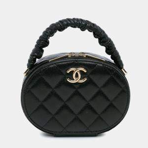 Chanel Black CC Quilted Lambskin Oval Top Handle Clutch