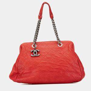 Pre Owned Chanel Red Medium Quilted Caviar Frame Tote