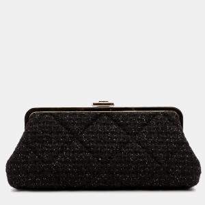 Chanel Black Quilted Tweed Kisslock Clutch