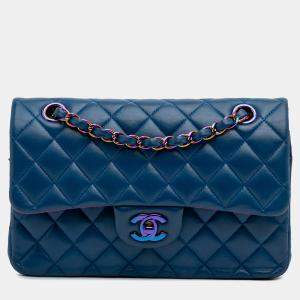 Pre Owned Chanel Blue Small Classic Lambskin Rainbow Double Flap