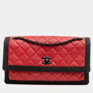 Chanel Black Red Medium Quilted Lambskin Grosgrain Two Tone Flap