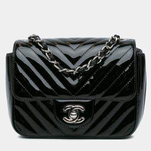 Chanel Black Mini Square Classic Chevron Patent Flap