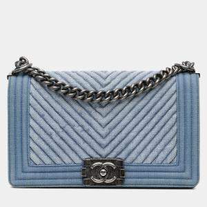 Chanel Blue Old Medium Chevron Denim Boy Flap