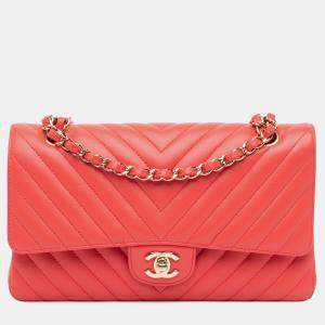 Chanel Red Medium Classic Chevron Lambskin Double Flap