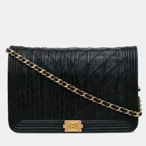 Chanel Black Pleated Crumpled Chevron Le Boy Wallet On Chain
