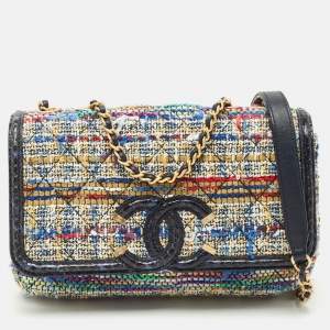 Pre Owned Chanel Multicolor Quilted Tweed and Water Snake Small CC Filigree Flap Bag
