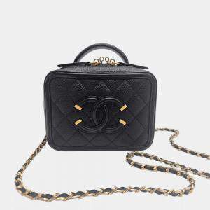 Pre Owned Chanel CC Filigree Small Black Quilted Caviar Leather Vanity Case Bag