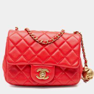 Chanel Red Mini Square Classic Lambskin Pearl Crush Single Flap Bag