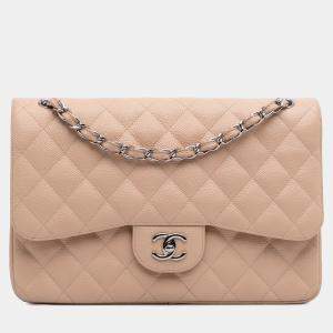 Pre Owned Chanel Brown Jumbo Classic Caviar Double Flap Bag