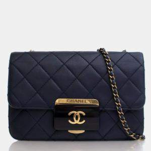 Pre Owned Chanel Beauty Lock Small Blue Calfskin Flap Bag