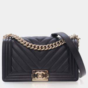 Pre Owned Chanel Boy Medium Black Calfskin Chevron Flap Bag