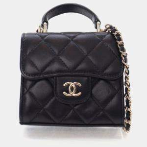 Pre Owned Chanel Coin Purse Flap Mini Black Lambskin Wallet