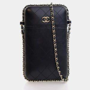Pre Owned Chanel Phone Holder Black Lambskin Chain Around Shoulder Bag