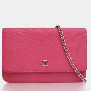 Pre Owned Chanel Mini Pink Lizard Embossed Calfskin Wallet On Chain 