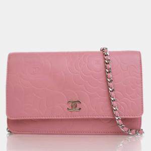 Pre Owned Chanel Camellia Pink Lambskin Wallet On Chain 