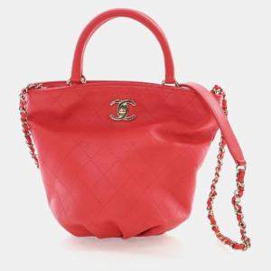 Chanel Small Red Calfskin CC Lock Bucket Tote