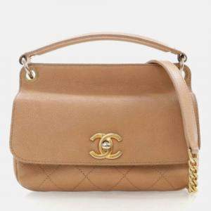 Pre Owned Chanel CC Lock Mini Beige Caviar Top Handle Flap Bag