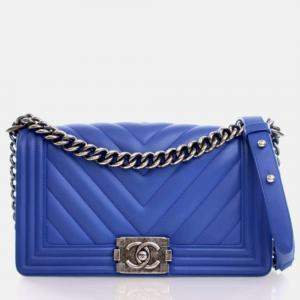 Pre Owned Chanel Chevron Medium Blue Calfskin Boy Flap Bag