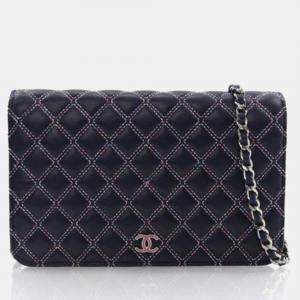 Pre Owned Chanel Navy Blue Lambskin Wallet On Chain 