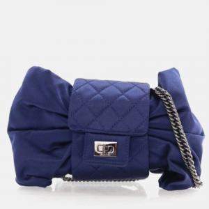 Pre Owned Chanel Evening Bow Vintage Navy Blue Satin Clutch Bag