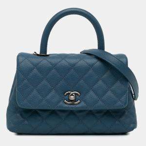 Pre Owned Chanel Navy Blue Mini Quilted Caviar Coco Top Handle Bag