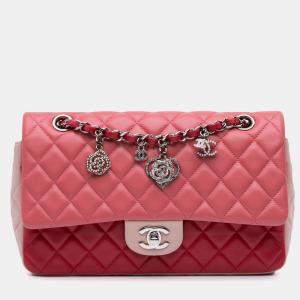 Pre Owned Chanel Pink Medium Classic Tricolor Lambskin Valentines Heart Charms Single Flap