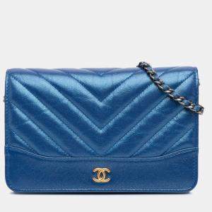 Chanel Blue Chevron Aged Metallic Calfskin Gabrielle Wallet On Chain