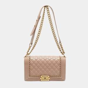 Pre Owned Chanel Pink Quilted Aged Leather Chain Around Medium Boy Flap Bag