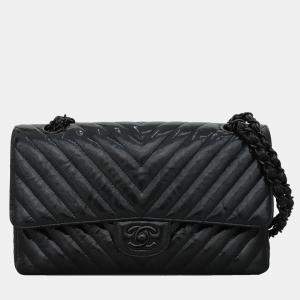 Pre Owned Chanel Patent Leather Chevron Medium Double Flap Bag