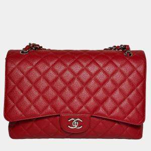 Chanel Red Caviar Maxi Classic Flap Bag in SHW