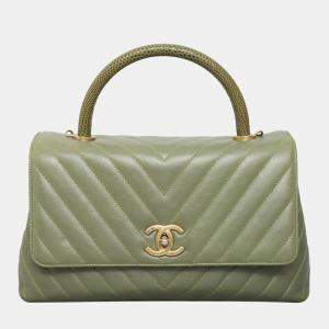 Chanel Chevron Quilted Medium Coco Handle Bag With Lizard Top Handle