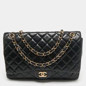 Pre Owned Chanel Black Quilted Lambskin Leather Maxi Classic Single Flap Bag
