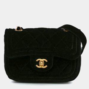 Pre Owned Chanel Black Mini Quilted Velvet Double Frame Flap