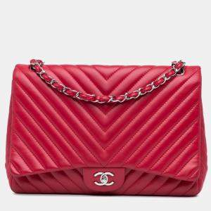 Pre Owned Chanel Pink Maxi Classic Chevron Lambskin Single Flap