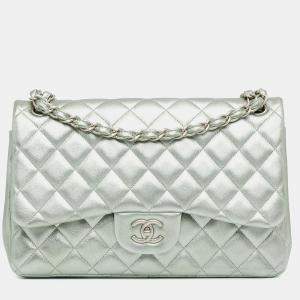 Chanel Silver Jumbo Classic Lambskin Double Flap